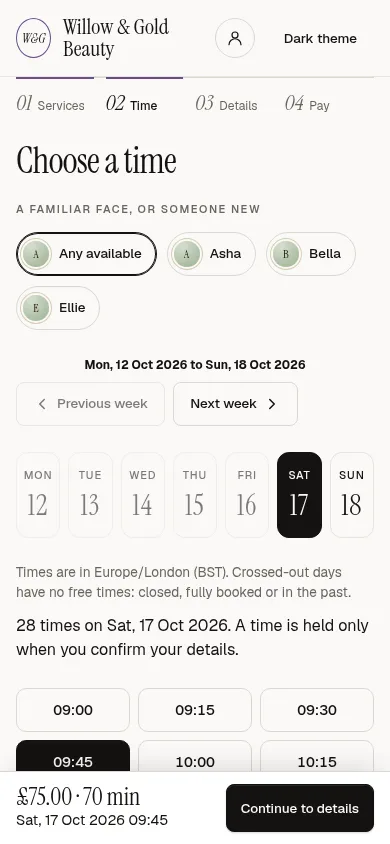 The online booking page on a phone, choosing a time.