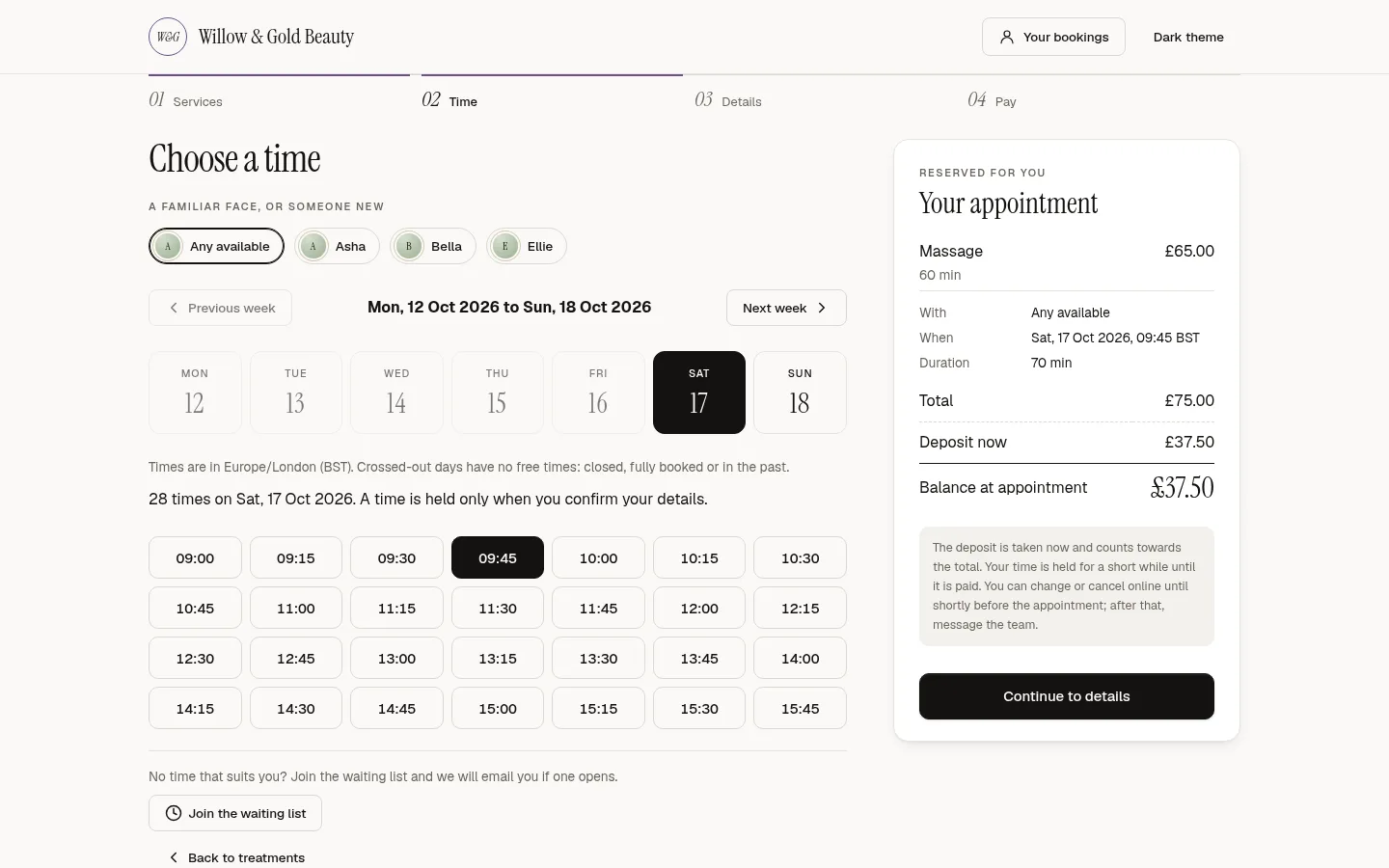The online booking page: a time chosen, with the total, the deposit due now and the balance at the appointment.