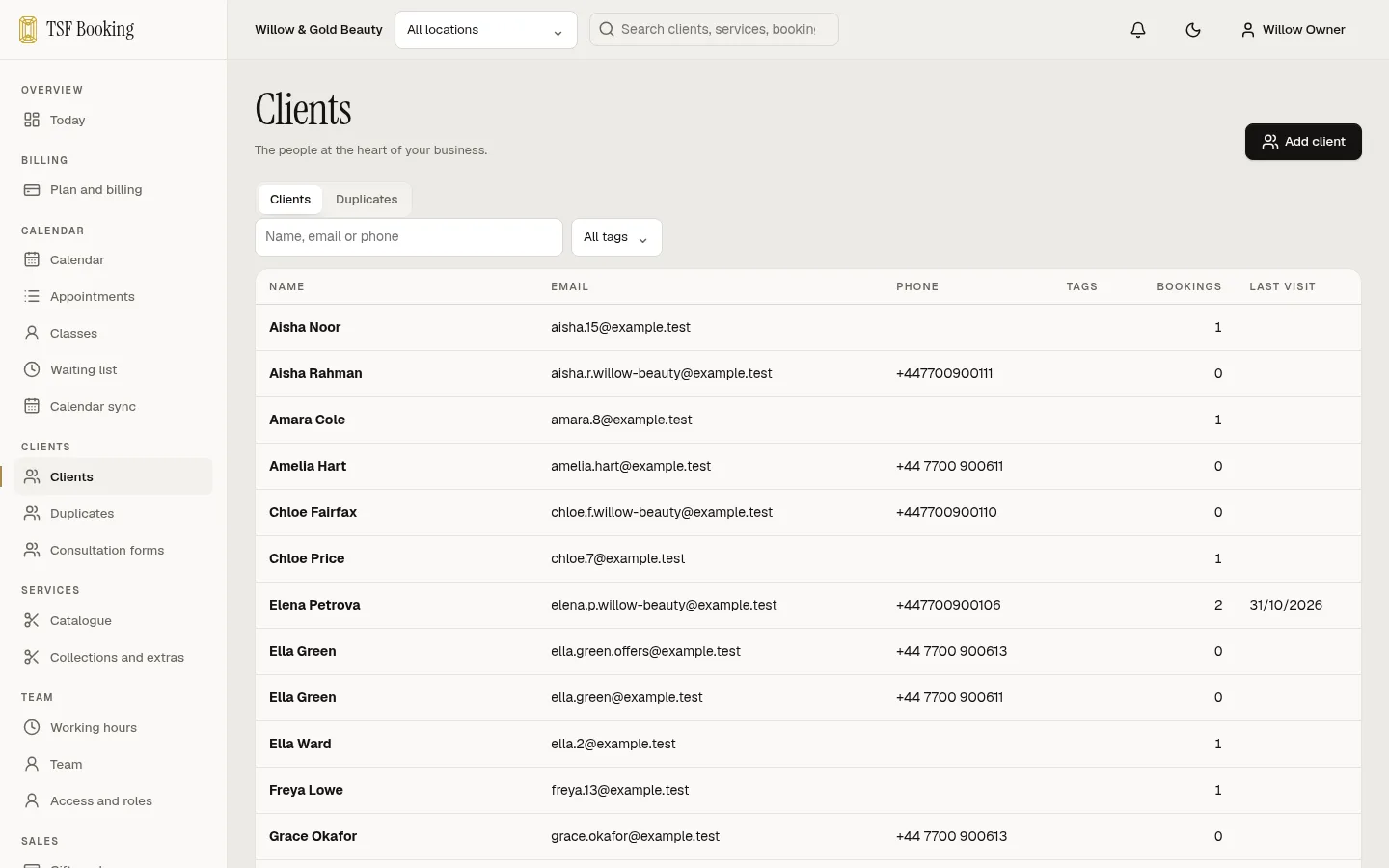 The client list with names, emails, phone numbers, bookings and last visits.