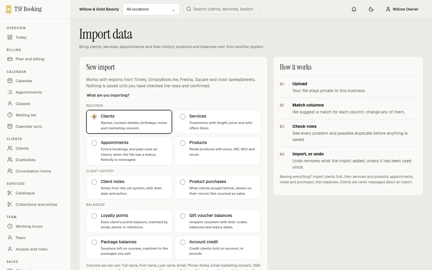 The import page: choose clients, services, appointments, client notes, product purchases, loyalty points, gift voucher balances, package balances or account credit.