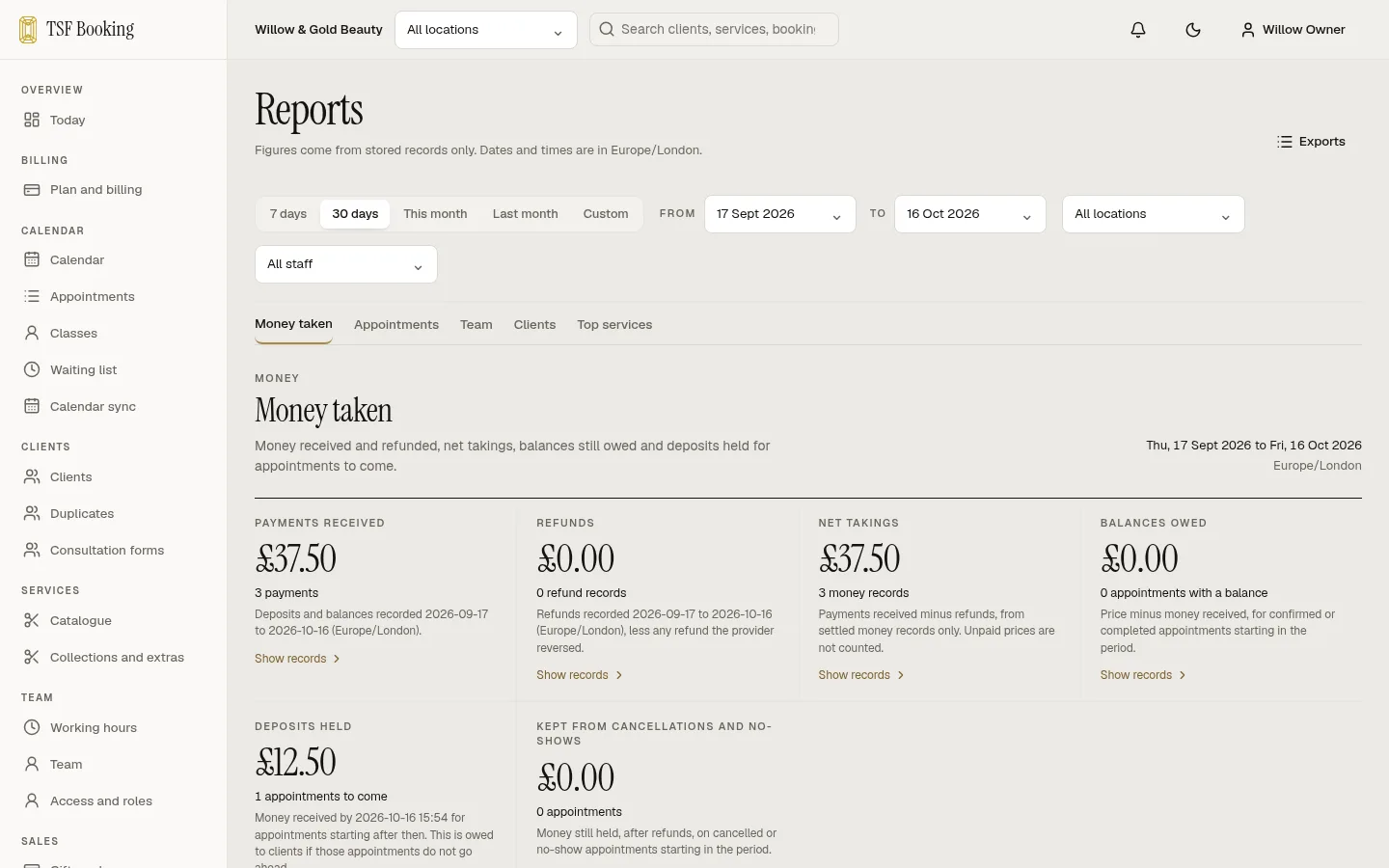 The money report: payments received, refunds, net takings, balances owed and deposits held.