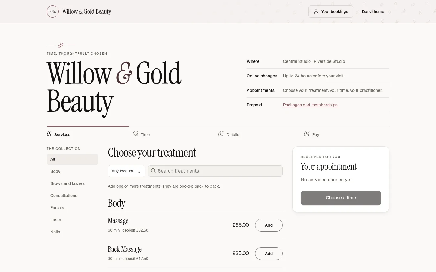 A booking page in the Aesthetics theme: rose quartz accents and a faint pattern of droplets and leaves in the header.