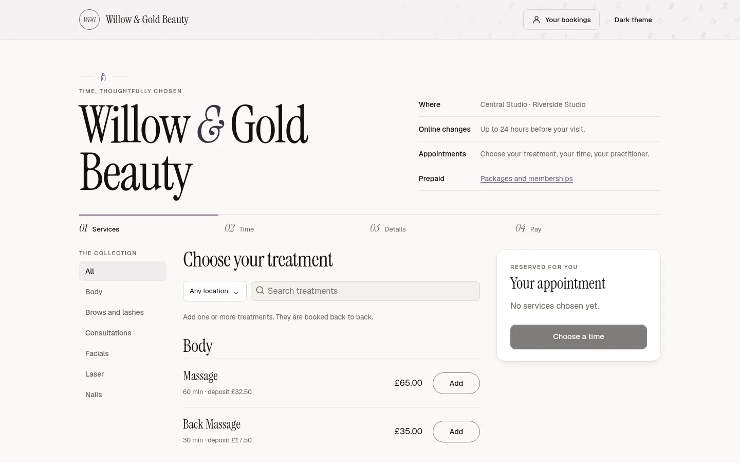 A booking page in the Beauty theme: lilac accents and a faint pattern of polish bottles and petals in the header.