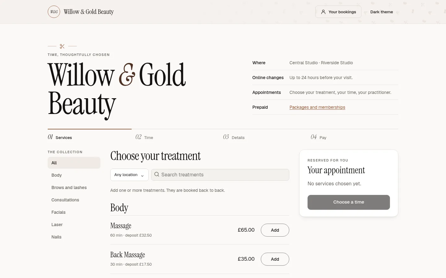 A booking page in the Hair and barber theme: clay accents and a faint pattern of scissors and combs in the header.