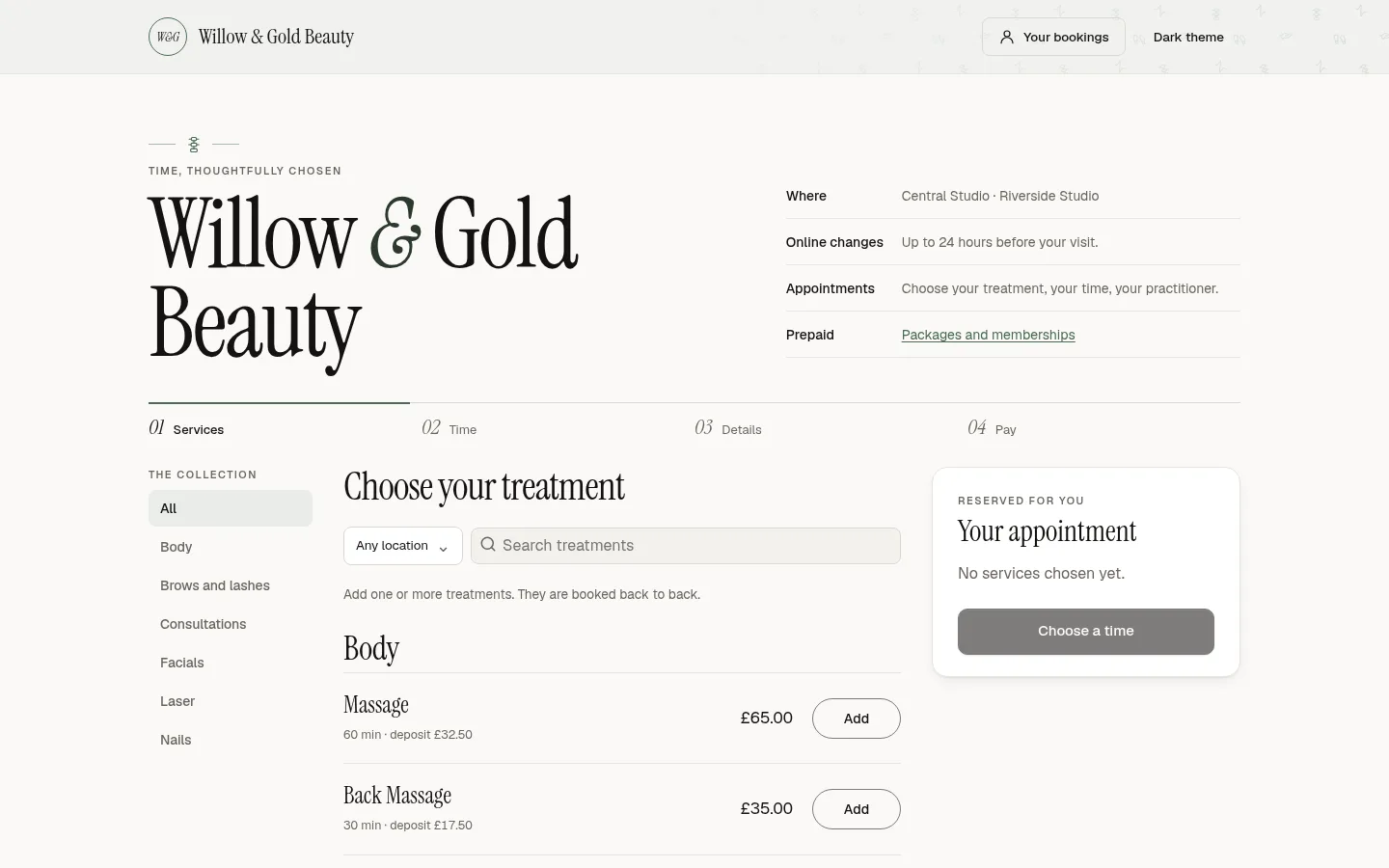 A booking page in the Physio theme: eucalyptus accents and a faint pattern of movement lines and footsteps in the header.