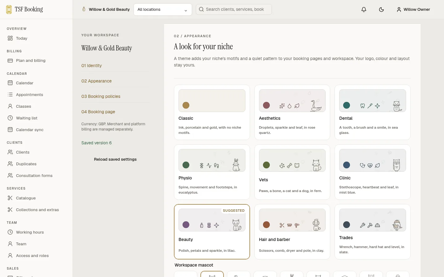 Business settings, Appearance: theme cards for Classic, Aesthetics, Dental, Physio, Vets, Clinic, Beauty, Hair and barber and Trades, each with its colour, motifs and mascot.